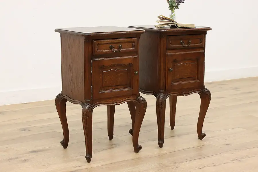 Main image of Pair of Country French Antique Oak Farmhouse Nightstands, Lamp Tables