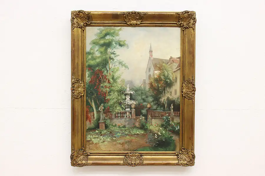 Main image of Churchyard Garden & Fountain Antique Original Oil Painting, Werle 31"