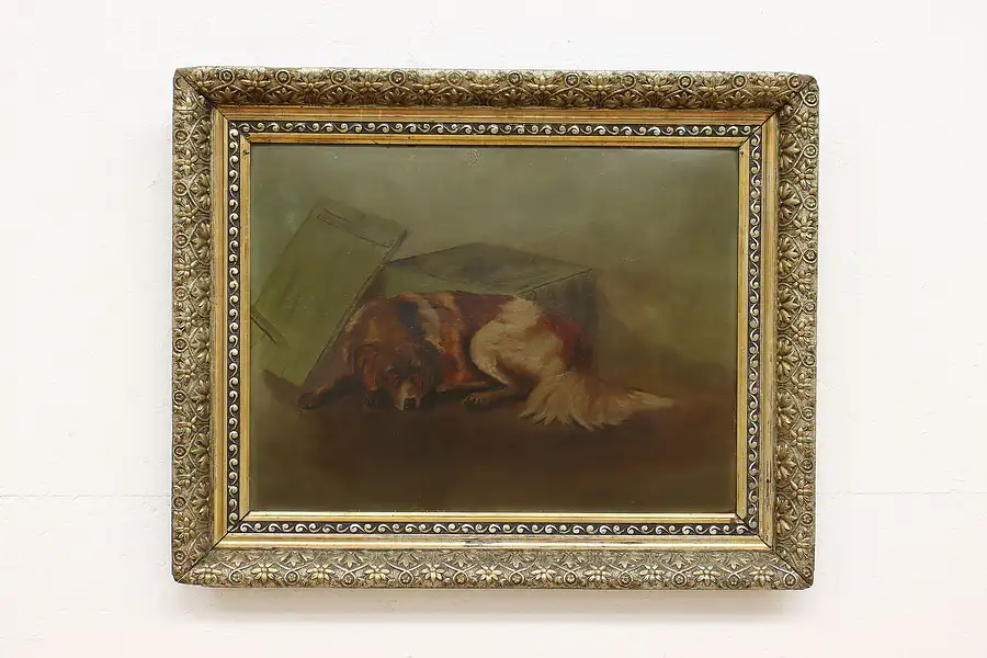 Main image of Victorian Stray Dog Portrait Antique Original Oil Painting 31.5"