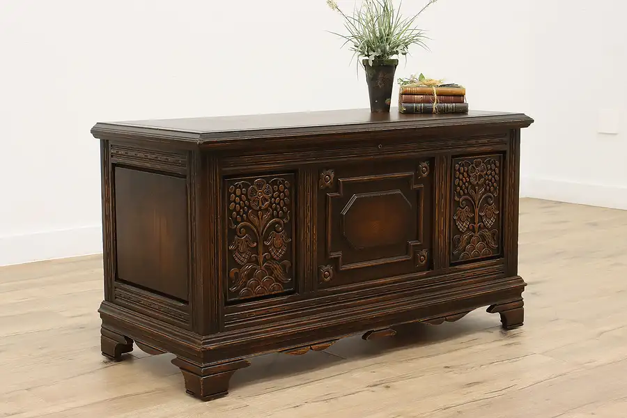 Main image of English Tudor Antique Carved Oak Cedar Chest or Trunk, Coffee Table