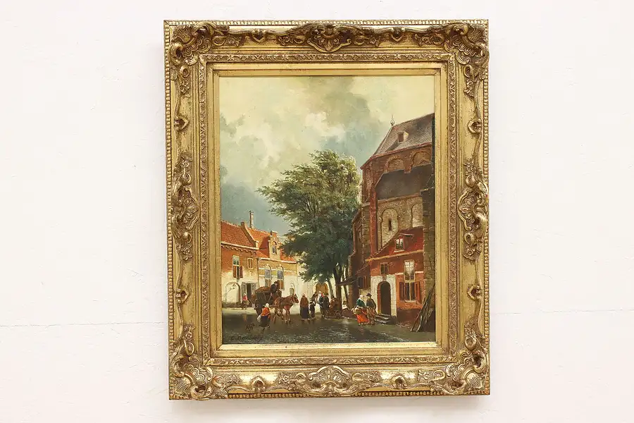 Main image of Utrecht Holland Scene Antique Original Oil Painting, Barbiers 27"