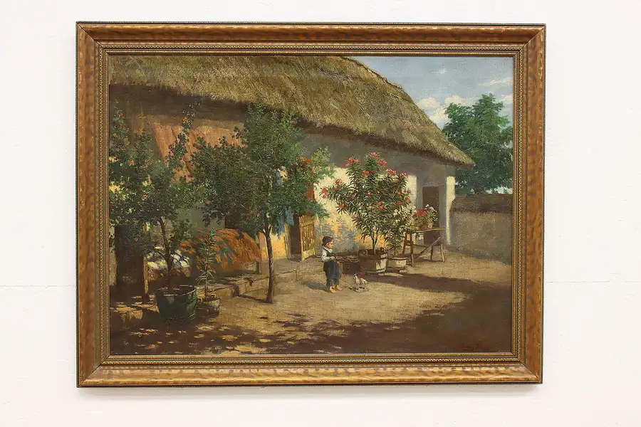 Main image of Thatched Cottage & Child Antique Original Oil Painting, Jotran 36"