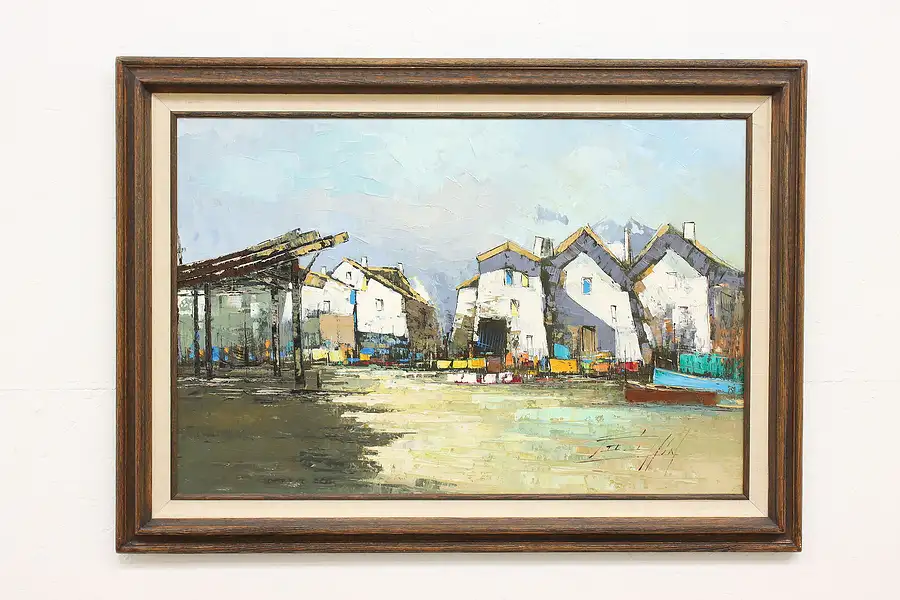 Main image of Midcentury Moderrn Harbor & Boats Vintage Original Oil Painting, Hin 43"