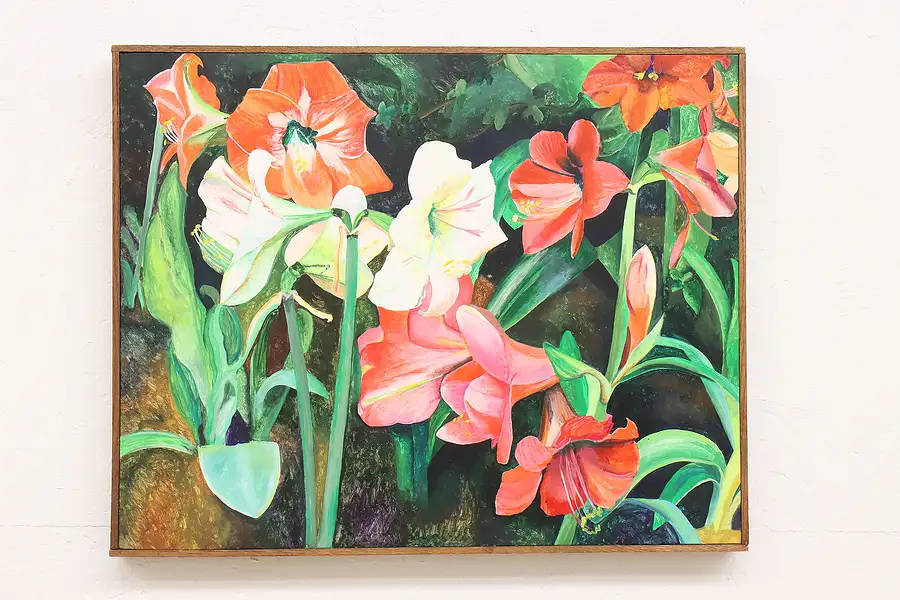 Main image of Amaryllis Flowers Vintage Original Acrylic Painting, Richardson 28.5"