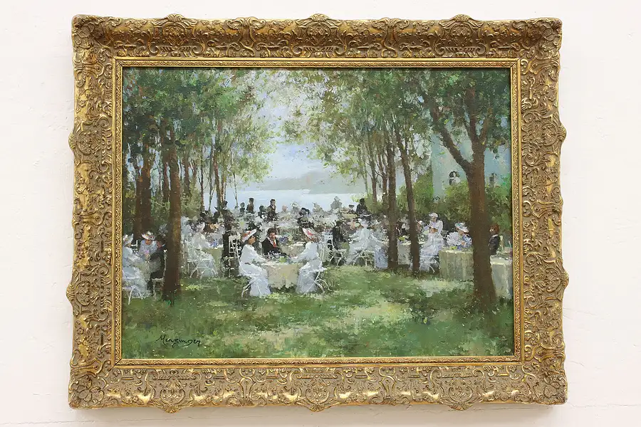 Main image of Victorian Garden Party Vintage Oil Painting, Monzinger 29.5"