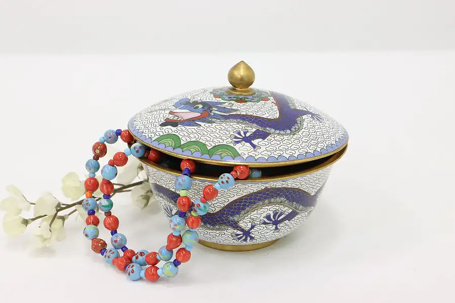 Main image of Chinese Cloisonne Traditional Vintage Inlaid Enamel Bowl & Lid