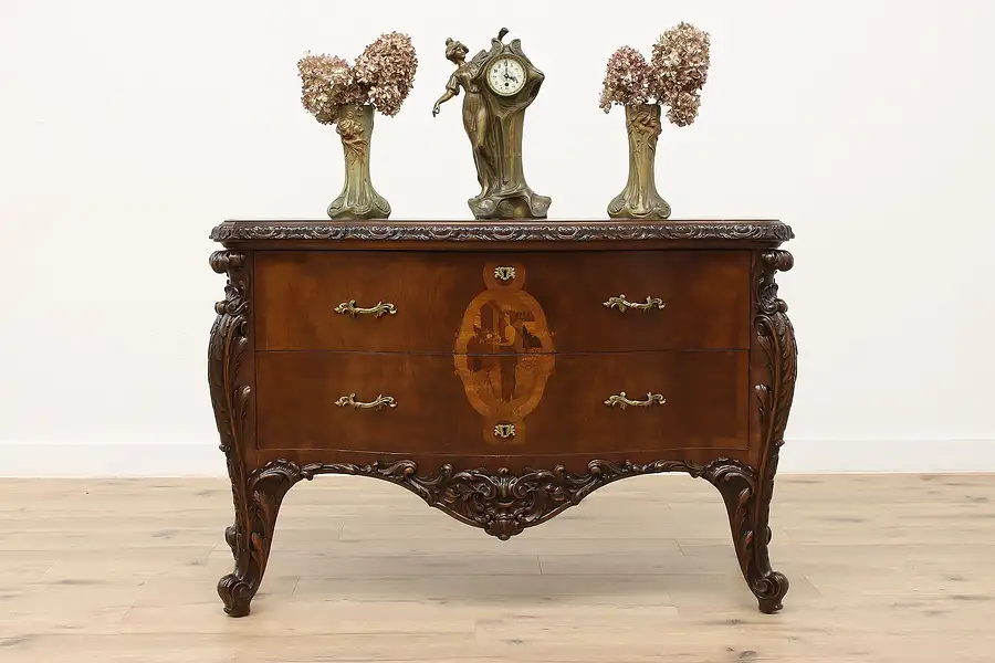 Main image of Italian Antique Carved Walnut & Marquetry Bombe Chest, Console, Dresser