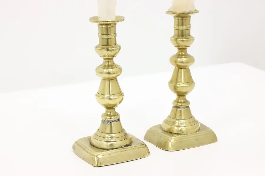 Main image of Pair of Victorian Farmhouse Antique English 1850s Brass Candlesticks