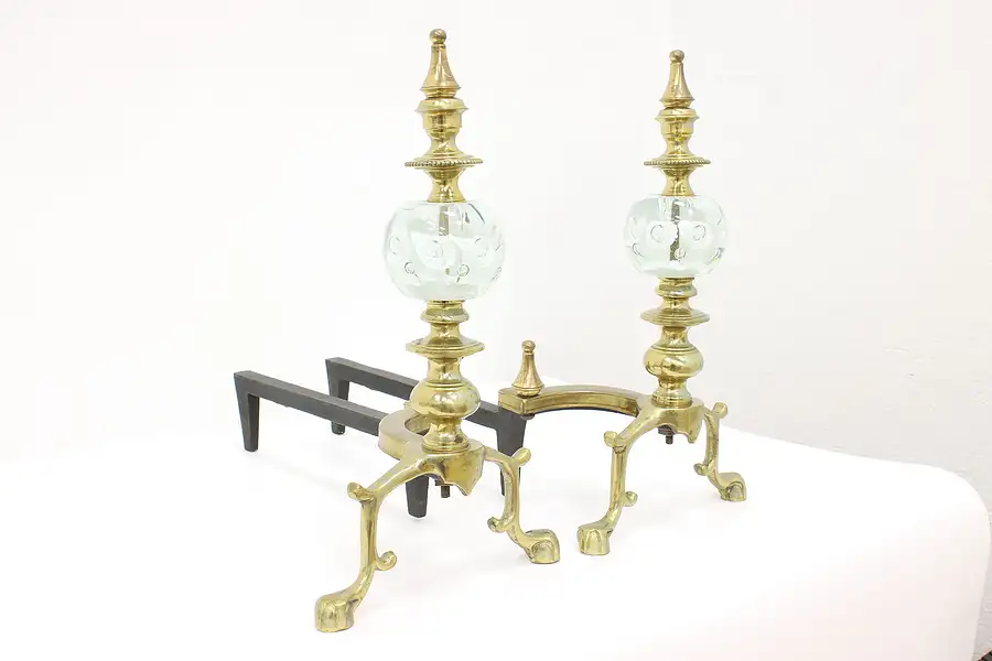 Main image of Pair of Vintage Brass & Glass Paperweight Fireplace Hearth Andirons