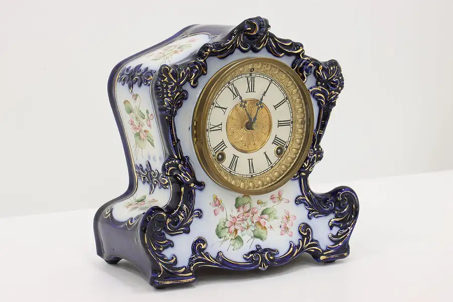 Main image of Victorian Antique Cobalt Blue Porcelain Mantel Clock, Ansonia