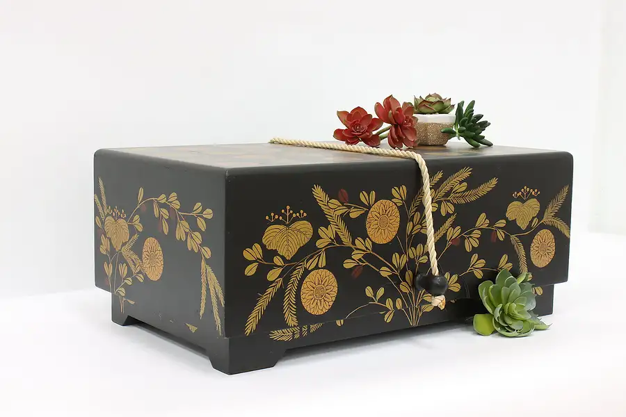 Main image of Asian Vintage Lacquer Keepsake Box or Small Chest, Rope Handle & Pegs