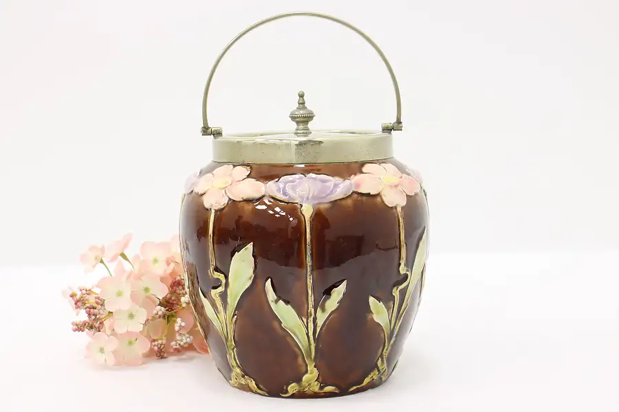 Main image of Vintage Enameled Ceramic and Silverplate Biscuit or Cookie Jar