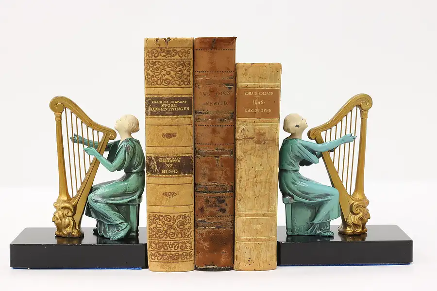 Main image of Pair of Art Deco Antique Musical Harpist Bookends