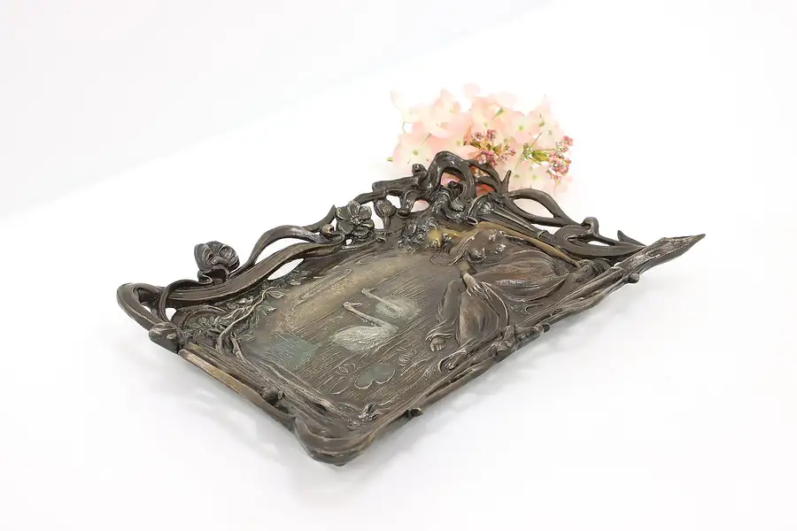 Main image of Antique Art Nouveau Woman & Swans Classical Bronze Plaque or Jewelry Tray