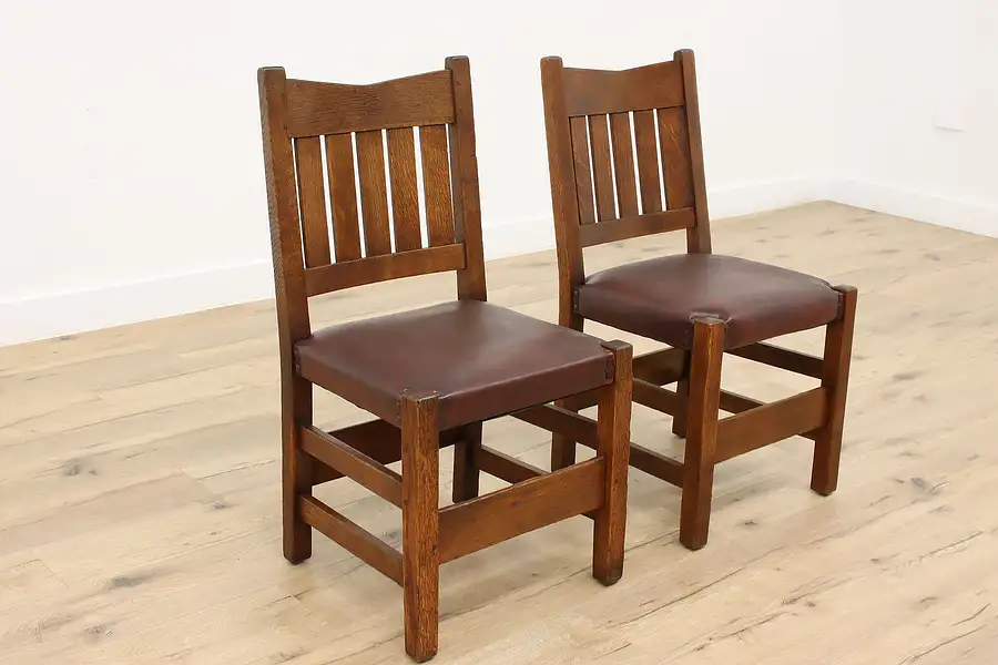 Main image of Pair of Arts & Crafts Antique Oak Craftsman Leather Office or Desk Chairs