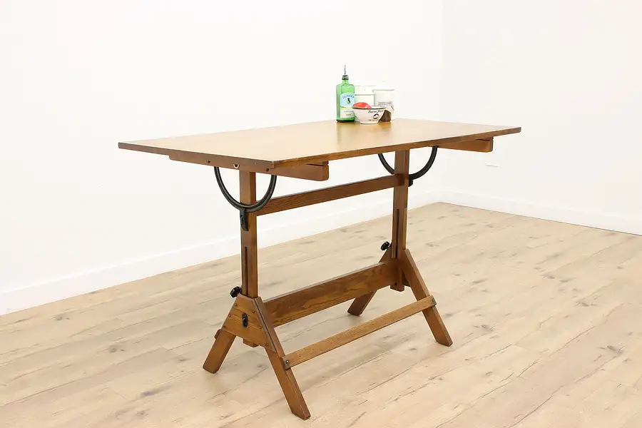 Main image of Farmhouse Industrial Antique Drafting Drawing Desk or Wine & Cheese Table