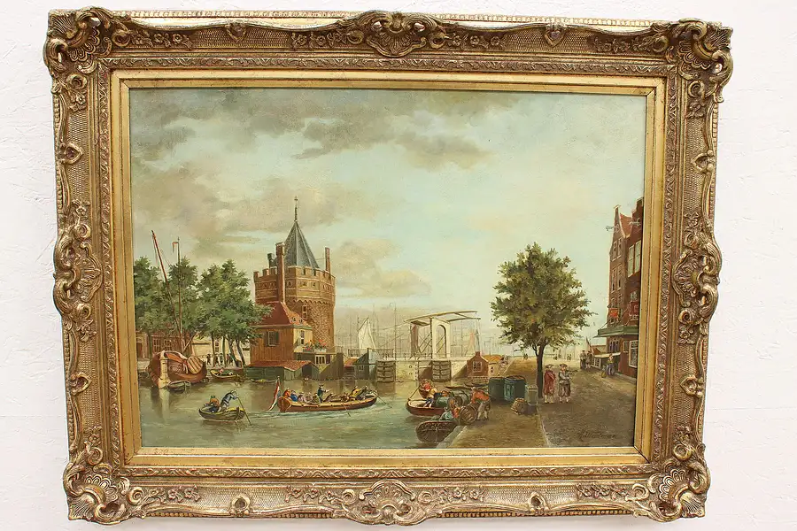 Main image of Antique Dutch Oil Painting, Weeping Tower and Canal, Wadman 35"