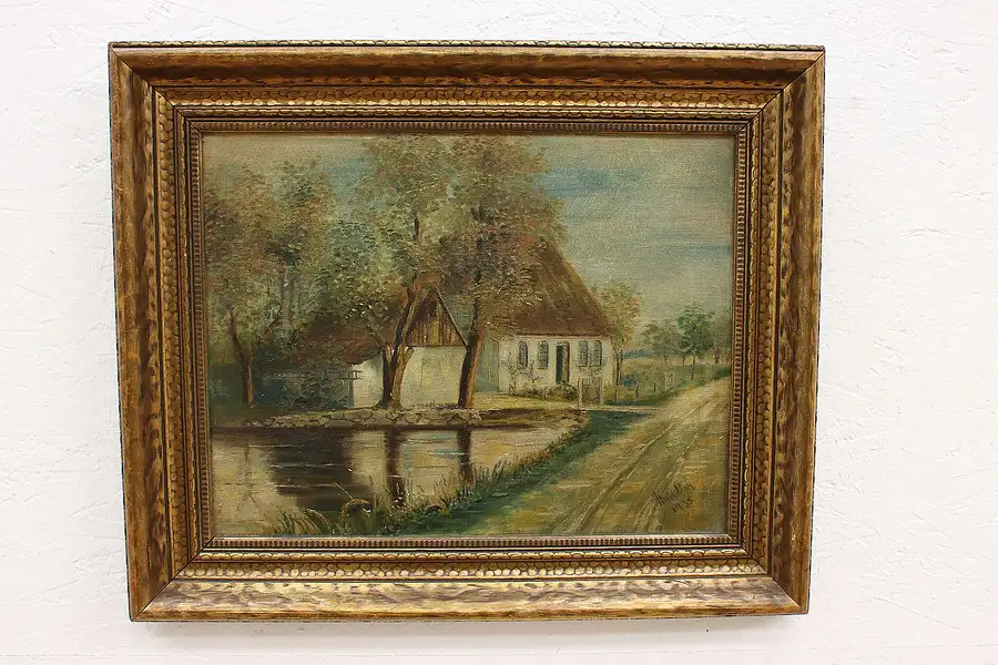 Main image of Antique Oil Painting of Cottages and Pond, Signed 24"