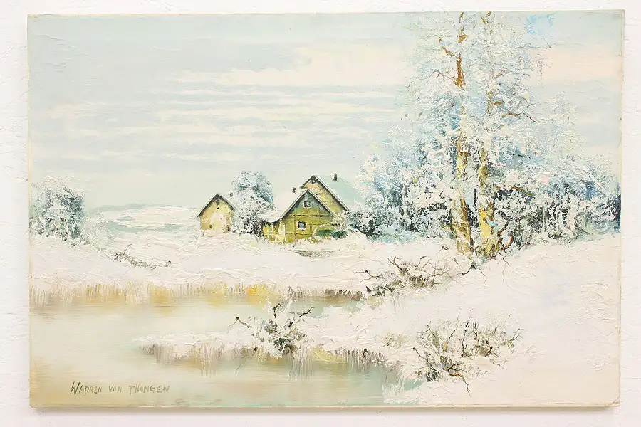 Main image of Vintage Oil Painting, Snowy Winter Scene, Warren Von Thongen 36"