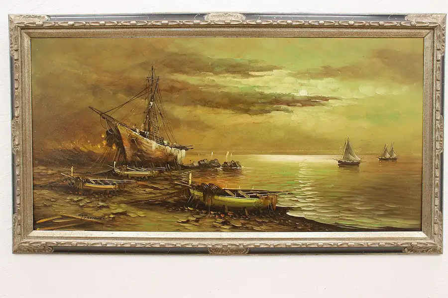 Main image of Antique Oil Painting of Moonlit Ocean and Ship, Torrielli, 54"