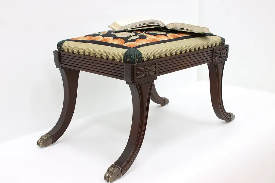 Main image of Vintage Georgian 1932 Needlepoint Mahogany Footstool, Bench, Brass Feet