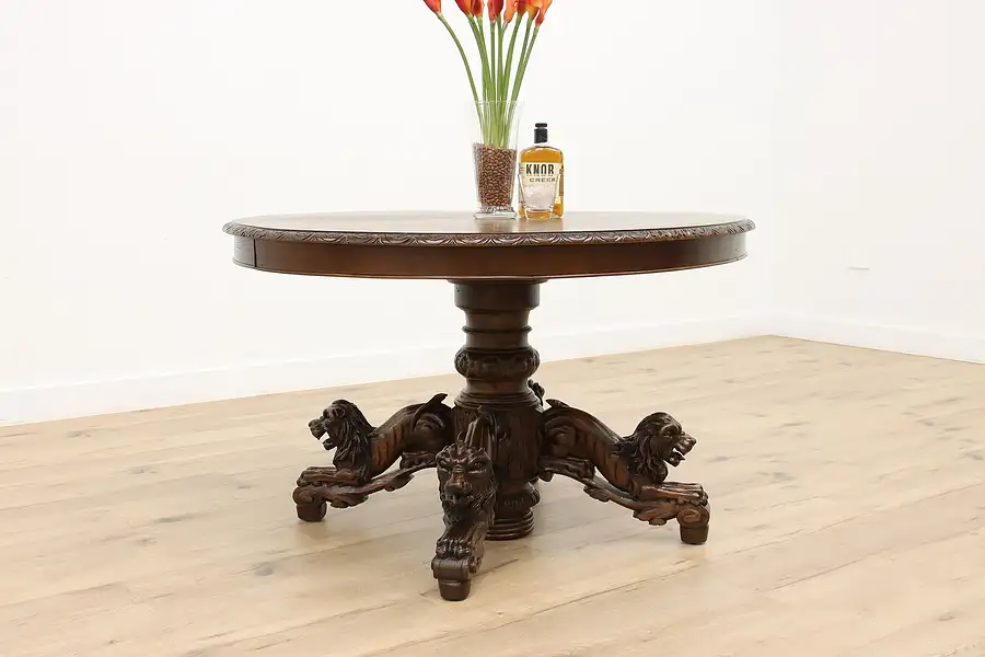 Main image of Oak Antique Black Forest Dining, Hall or Breakfast Table Carved Lion Base