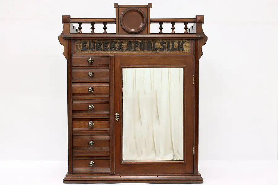 Main image of Victorian Eastlake Antique Walnut Sidelock Spool Jewelry Cabinet, Eureka