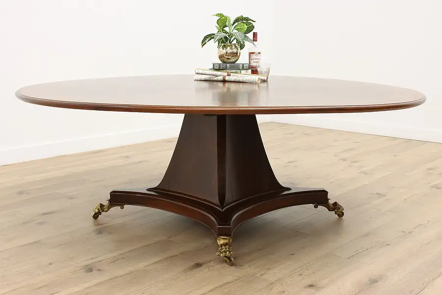 Main image of Monumental 7' Round Banded Dining or Conference Table, Brass Paw Feet