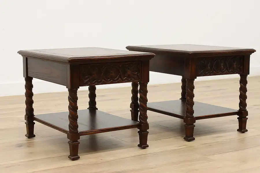 Main image of Pair of Vintage English Tudor Walnut Nightstands or End Tables, Jamestown