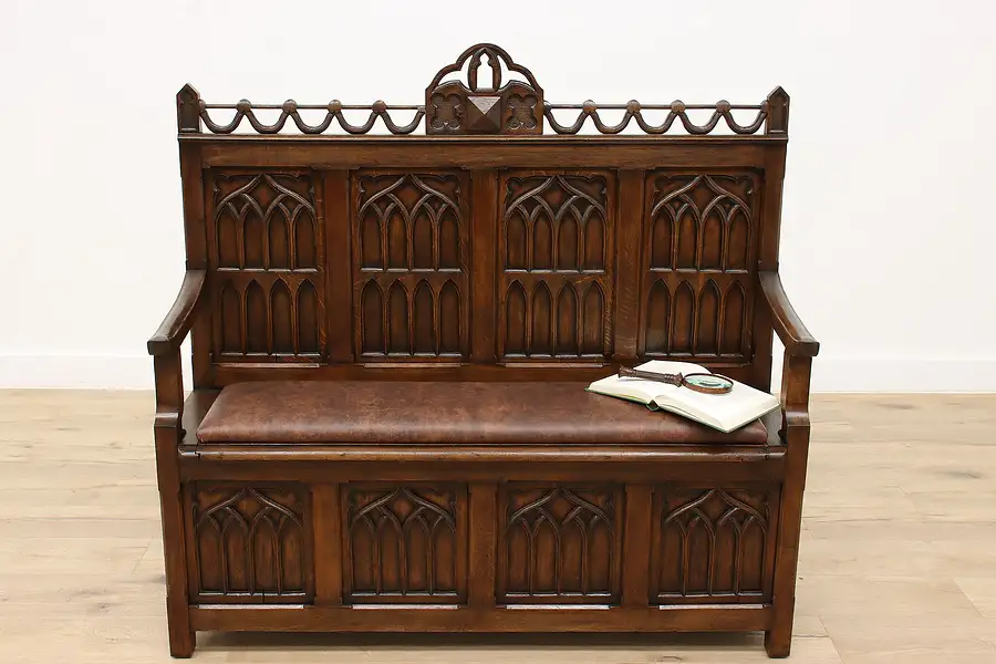 Main image of Gothic Antique Oak Hall Bench, Leather Seat, Storage Under Seat