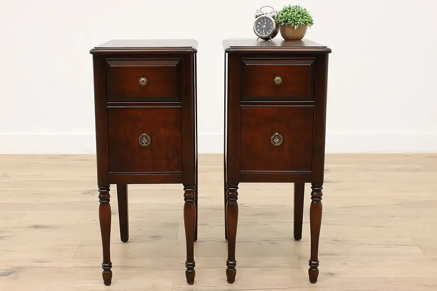 Main image of Pair of Vintage Tudor Style Walnut Nightstands, End or Lamp Tables