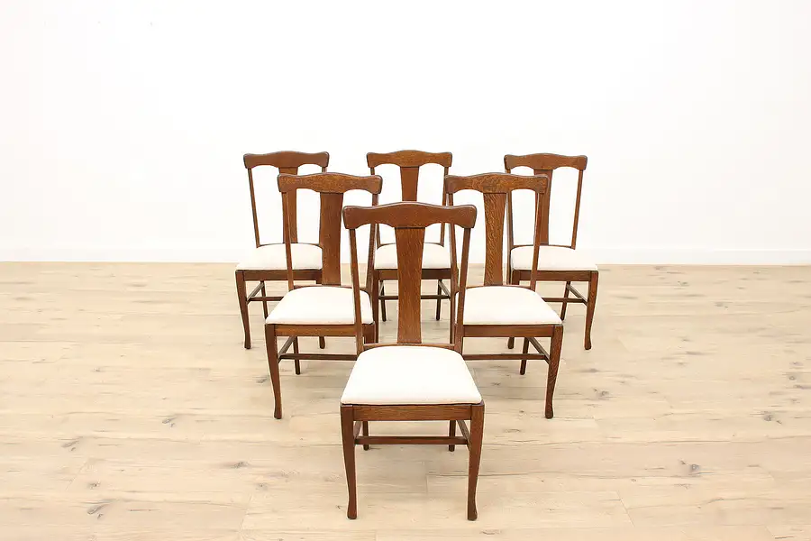 Main image of Set of 6 Arts & Crafts Mission Oak Antique Dining Chairs, New Upholstery