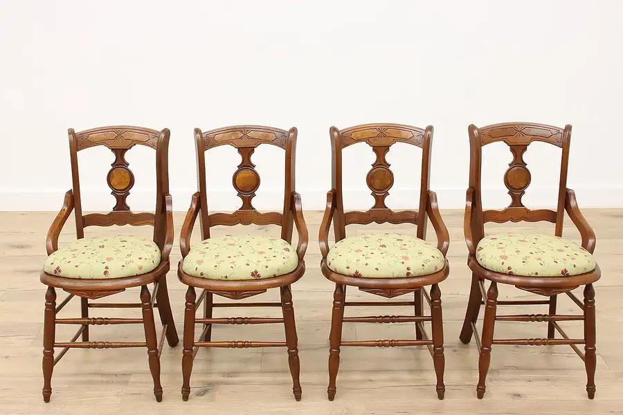 Main image of Set of 4 Antique Victorian Eastlake Walnut Dining Chairs, New Upholstery