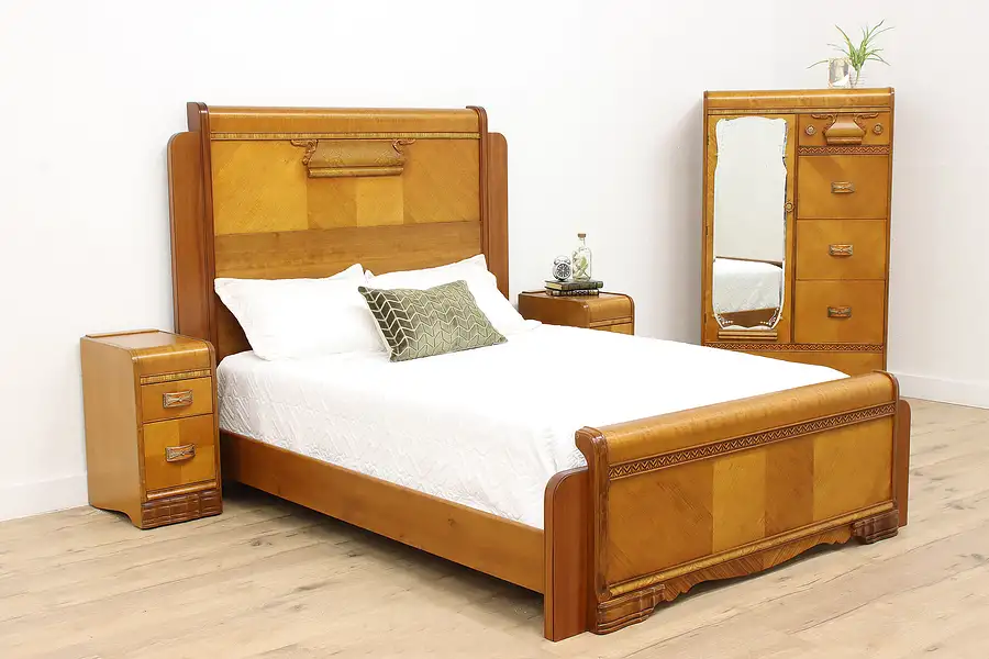 Main image of Art Deco Waterfall Vintage Mahogany 3 Pc. Bedroom Set, Queen Size Bed