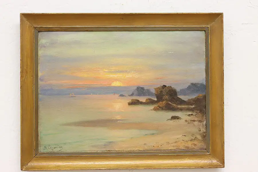 Main image of Ocean Sunset & Boats Original Oil Painting Sarkis Erganian 17"