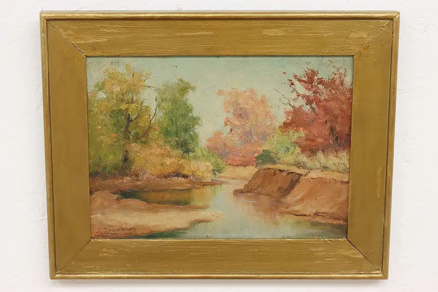 Main image of Trees Along Riverbank Original Oil Painting Sarkis Erganian 15.5"