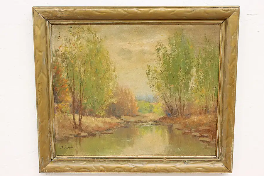 Main image of Trees Along Riverbank Original Oil Painting Sarkis Erganian 18"