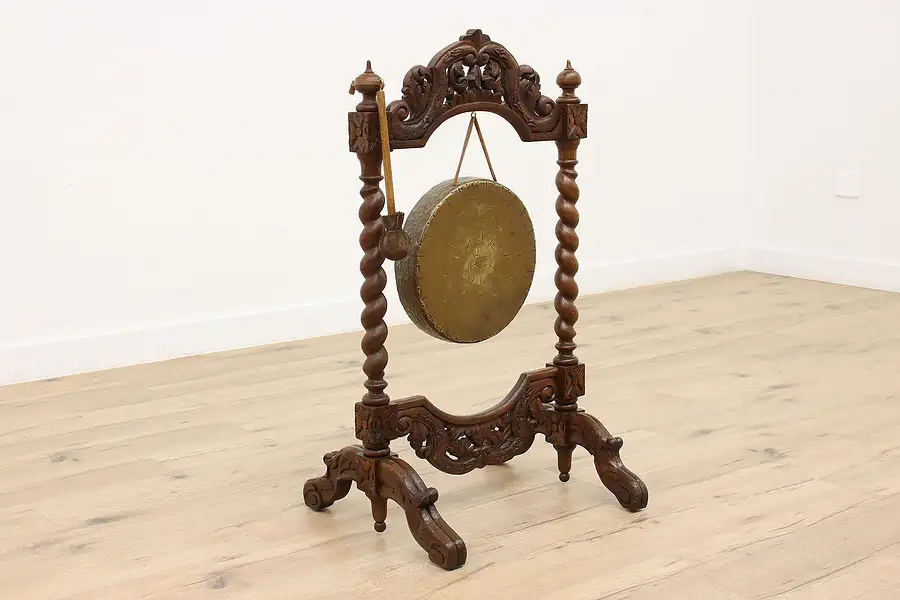 Main image of Black Forest Antique Carved Oak Stand, Burmese Bronze Gong