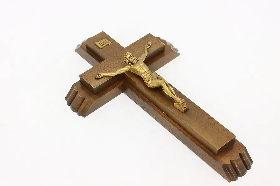 Main image of Carved Walnut Vintage Wall Cross or Crucifix, Hidden Candle Pocket