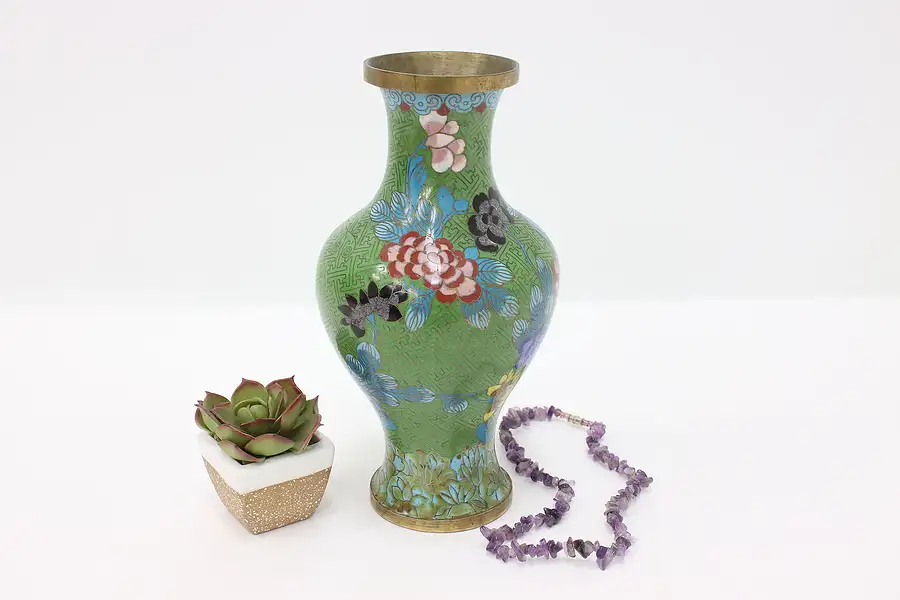 Main image of Chinese Cloisonne Traditional Vintage Inlaid Enamel Vase, Flowers