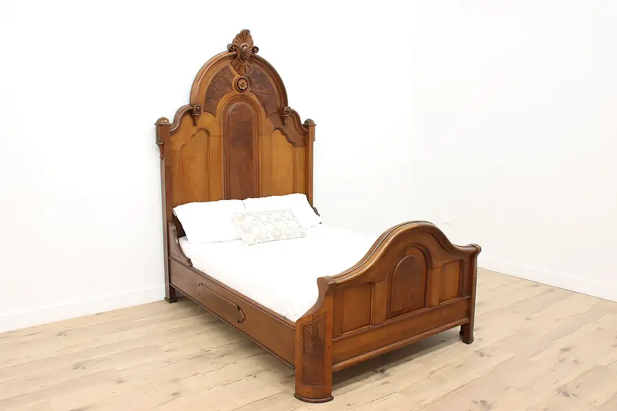 Main image of Victorian Renaissance Antique Carved Walnut & Burl Full Size Bed