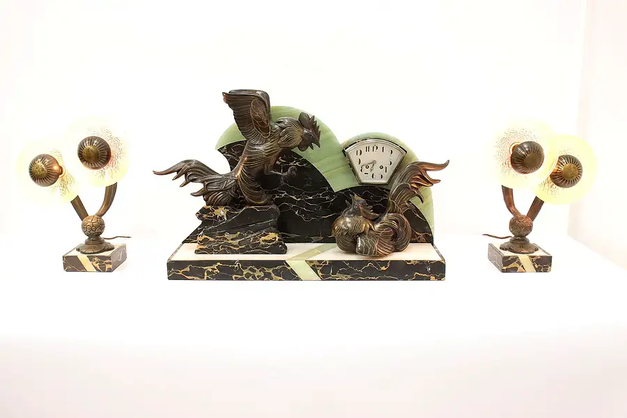 Main image of Art Deco Antique French Mantel Clock Set, Fighting Cocks, 2 Lamps, Marble