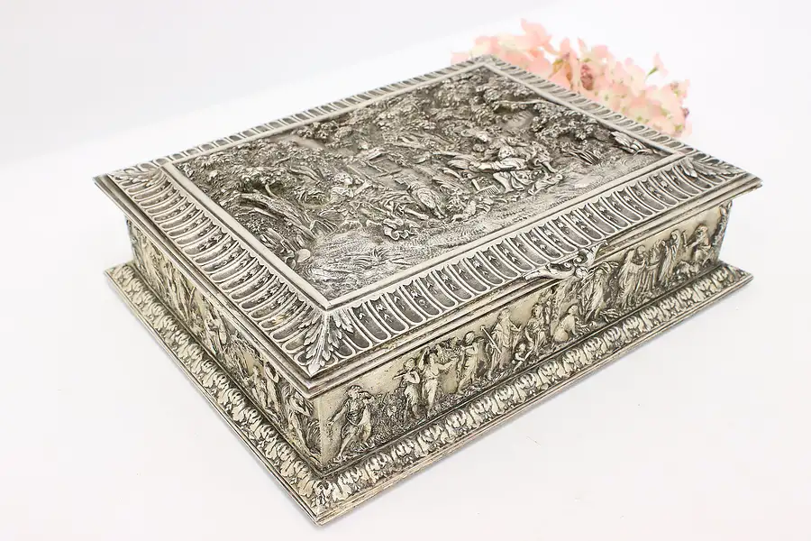 Main image of Victorian Antique Silverplate Jewelry Box, Classical Garden Scenes