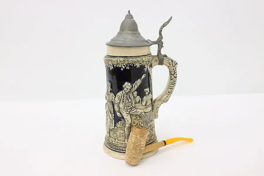 Main image of German Antique Stein or Mug Hand Painted Cobalt Pewter Lid