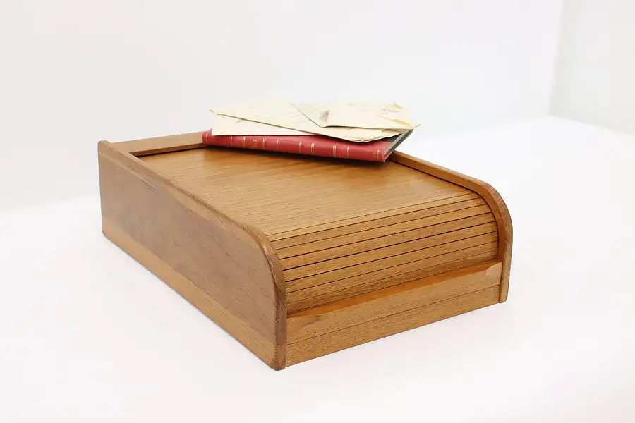 Main image of Midcentury Modern Vintage Teak Desktop Index File, Roll Top