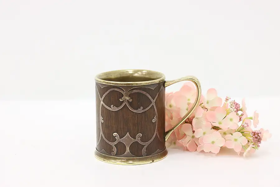 Main image of Silverplate, Brass & Oak Antique Mug or Stein, St. Louis Silver Co