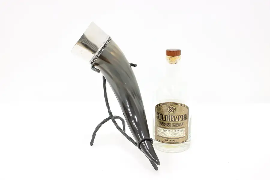 Main image of German Vintage Ceremonial Drinking Horn, Pewter Rim, Iron Stand Germany