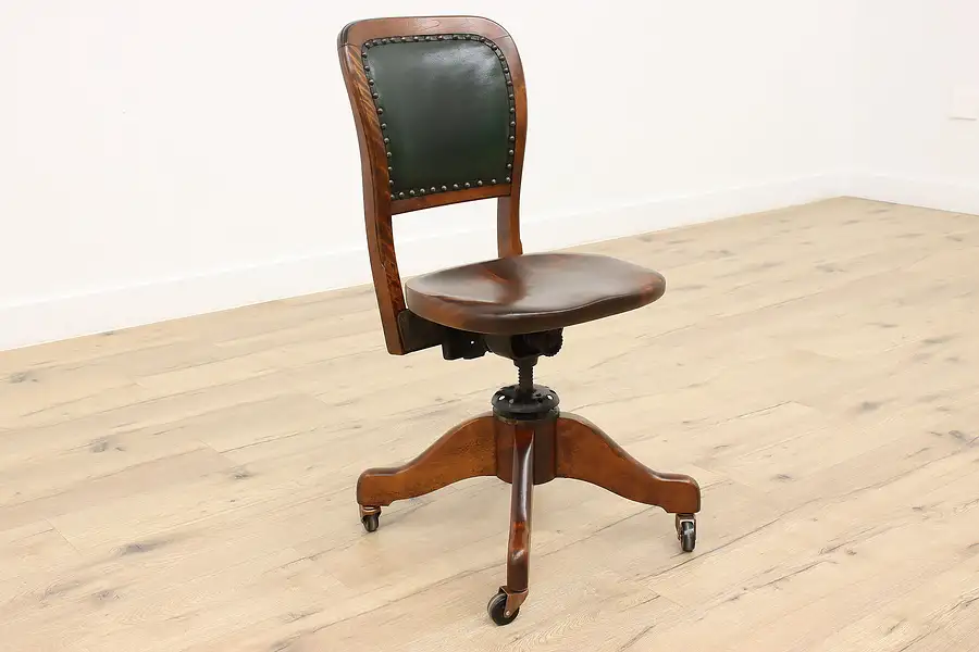 Main image of Traditional Birch Antique Adjustable Swivel Office Desk Chair, Leather