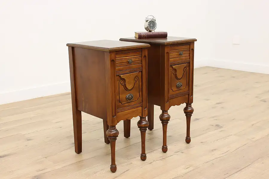 Main image of Pair of Vintage English Tudor Style Birch Nightstands, End or Lamp Tables