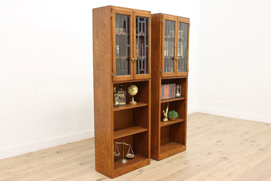 Main image of Pair of Vintage Oak Bookcases or Display Cabinets, Leaded Beveled Glass